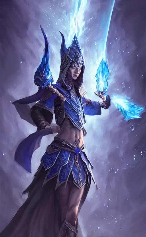 Image similar to legendary dark elf wizard with blue flame staff, highly detailed, d & d, fantasy, highly detailed, digital painting, trending on artstation, concept art, sharp focus, illustration, global illumination, ray tracing, realistic shaded, art by artgerm and greg rutkowski and fuji choko and viktoria gavrilenko and hoang lap