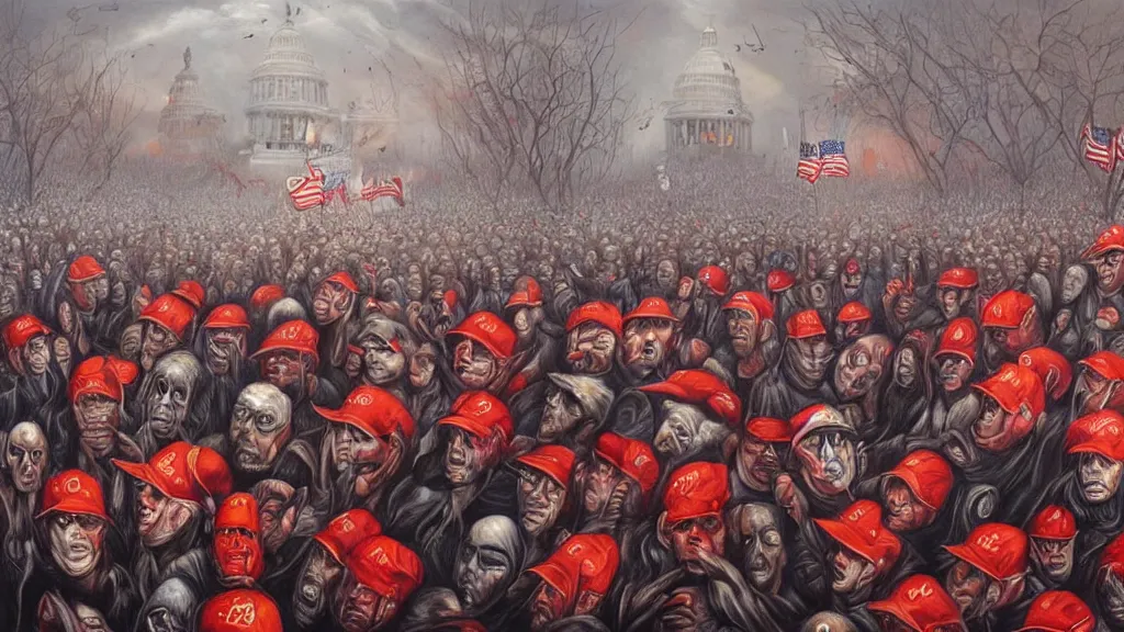 Image similar to a surreal painting by “ chris mars ” of a closeup view of the january 6 capitol riot led by “ donald trump ”. rioters are furious and are wearing red maga hats. highly - detailed contemporary artwork.