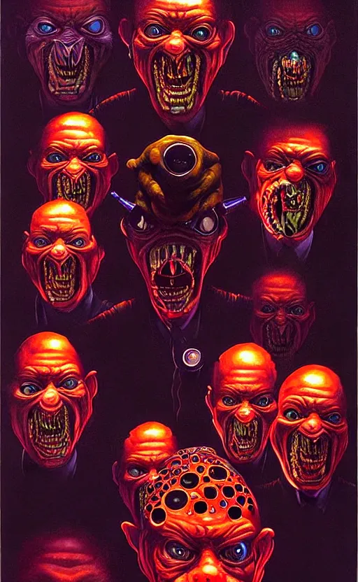 Prompt: a hyperrealistic painting of the shadow elite controlling society behind the scenes cinematic horror by the art of skinner, chris cunningham, lisa frank, richard corben, highly detailed, vivid color,