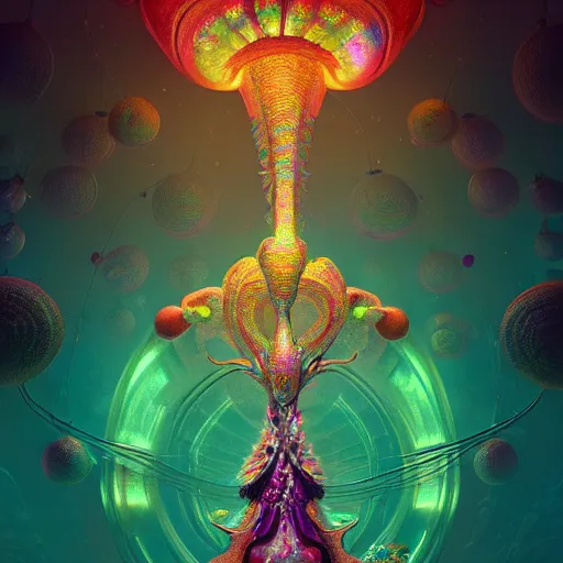 Image similar to candy iridescent creature in candyland, backlit, warm tones, bioluminescent : by michal karcz, daniel merriam, victo ngai and guillermo del toro : ornate, dynamic, particulate, intricate, elegant, highly detailed, centered, artstation, smooth, sharp focus, octane render