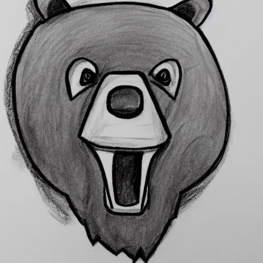 Prompt: simple sketch of an angry bear with large jagged teeth, drawn by a 2 year old, made of only 6 lines, closed mouth, no nose