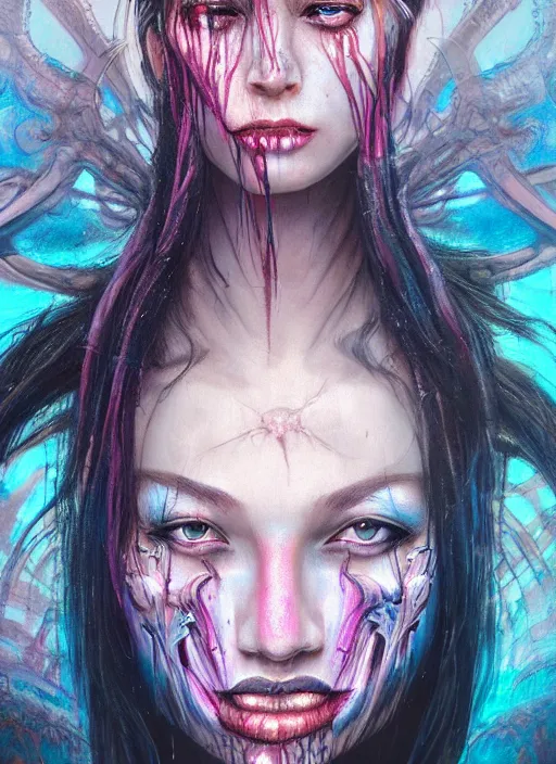 Image similar to portrait of a female half-demon half-angel, full character, full body, 8k ,by tristan eaton,Stanley Artgermm,Tom Bagshaw,Greg Rutkowski,Carne Griffiths, Ayami Kojima, Beksinski, Giger,trending on DeviantArt,face enhance,hyper detailed,minimalist,cybernetic, android, blade runner,full of colour