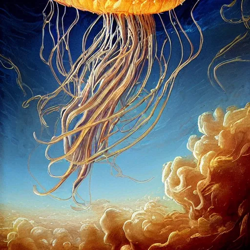 Prompt: baroque oil painting of a jellyfish flying through the sky!!! different realm, cinematic, dark fantasy, acrylic palette knife, high detail, hyper realism, 4 k resolution, 8 k resolution, full hd, neon, realistic painting by junji ito, laurie lipton and michael whelan