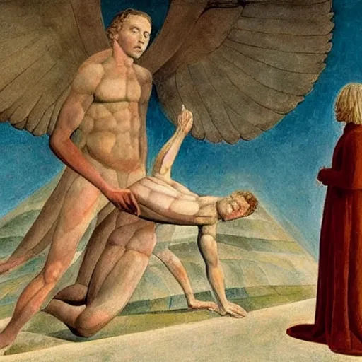 Prompt: real life version of the painting jacob's dream by william blake, live action filmed by wes anderson