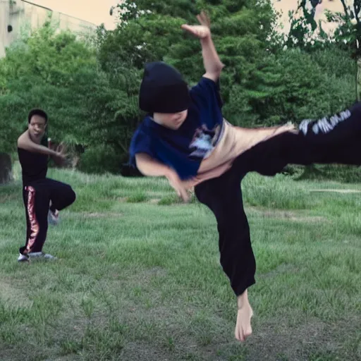 Prompt: film still of the 2 0 1 2 movie'ninja breakdancing squad '. sigma 8 5 mm f / 8