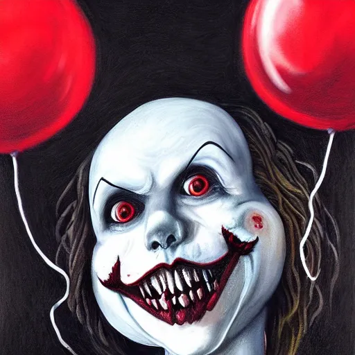 Image similar to grunge painting of creepy pasta with a wide smile and a red balloon by chris leib, loony toons style, pennywise style, corpse bride style, horror theme, detailed, elegant, intricate, conceptual, volumetric light