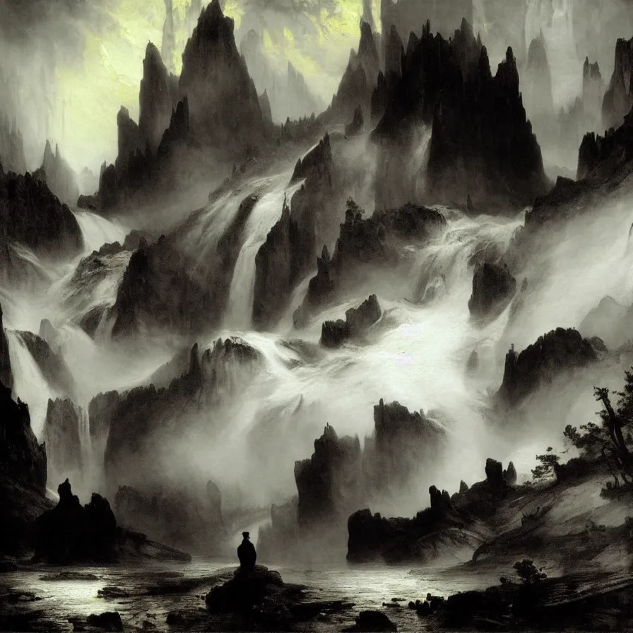 Image similar to artwork about a life of sad loneliness, painted by thomas moran and albert bierstadt. monochrome color scheme.