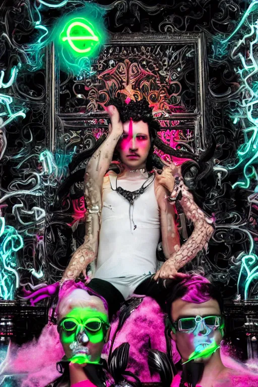 Prompt: full-body rococo and cyberpunk style neon statue of a young attractive Rafael wearing cholo shades macho dotado e rico android sim roupa reclining con las piernas abertas e la piroca dura, ethereal white dripping tar, glowing orange lasers, pink tigers, glowing eyes, silver prince crown, black gears, pink diamonds, swirling mint-colored silk fabric. futuristic elements. full-length view. human skulls. large intricate artwork by caravaggio. Trending on artstation, octane render, cinematic lighting from the right, hyper realism, octane render, 8k, depth of field, 3D