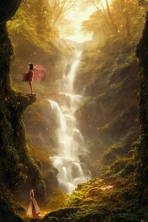 Image similar to detailed intricate digital illustration by greg rutkowski and artgerm and wlop and sanford robinson gifford ; girl standing in gothic fantasy valley and waterfall faerie fey unseelie in background ; 1 3 mm film, arri alfa anamorphic lens ; sharp focus, golden hour, fireflies ; trending on artstation 8 k close view