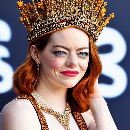 Image similar to A full body shot of Emma Stone wearing a golden Arabian crown , royality, high quality, fully detailed, 4k, in focus, detailed eyes