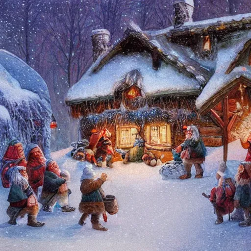 Prompt: many dwarves in front of a warm cabin in the snow, winter wonderland, cozy, nostalgia, Christmas, warmness, artwork in the style of Alan Lee