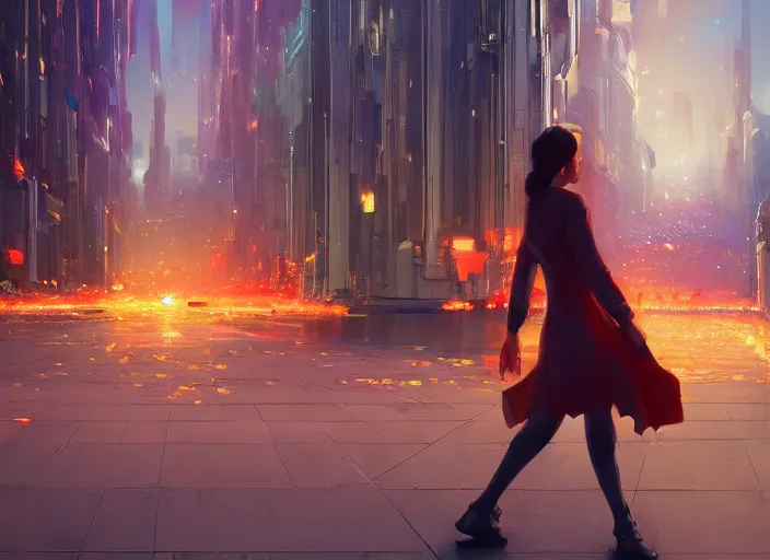 Image similar to gorgeous inspiring girl waving a red flag over her head enthusiastically walking through Mandelbrot fractal futuristic bustling utopian city by Craig Mullins, ilya kuvshinov, krenz cushart, artgerm trending on artstation by Edward Hopper and Dan Mumford and WLOP and Rutkovsky, Unreal Engine 5, Lumen, Nanite