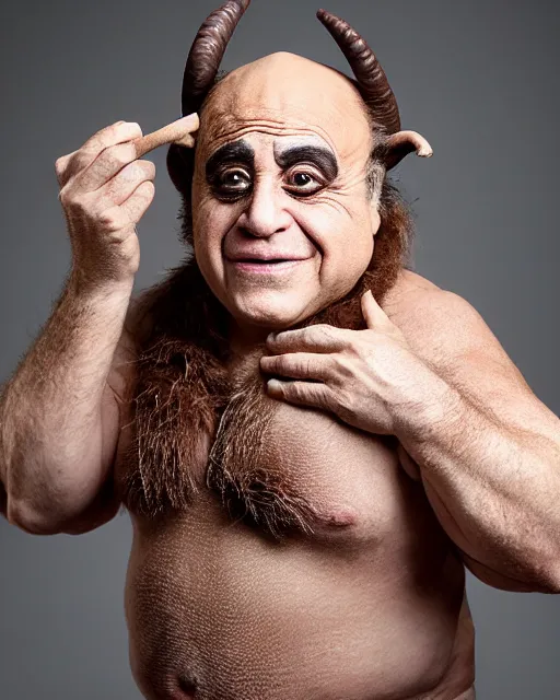 Image similar to actor Danny Devito in Elaborate Pan Satyr Goat Man Makeup and prosthetics designed by Rick Baker, Hyperreal, Head Shots Photographed in the Style of Annie Leibovitz, Studio Lighting