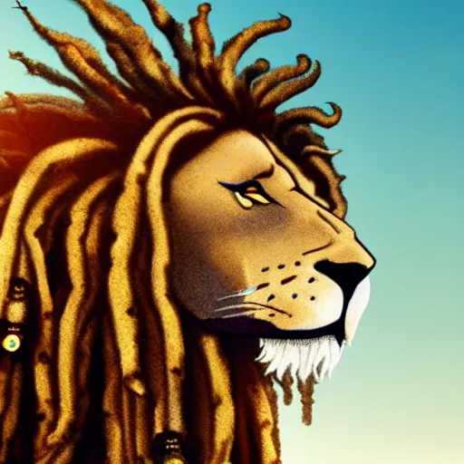 Image similar to illustration of an epic looking lion with a mane of rasta dreadlocks staring into the distance