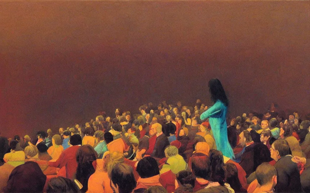 Prompt: charli d'amelio giving a lecture in a crowded physics auditorium at harvard university, oil painting by zdzisław beksinski, iridescent color palette chromatic aberration