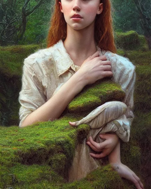 Image similar to a well - lit, realistic portrait oil painting of a thoughtful girl resembling a young, shy, redheaded irish alicia vikander or millie bobby brown in moss - covered ancient stone ruins at sunset, highly detailed, intricate, concept art, artstation, by donato giancola, ron cobb, and artgerm