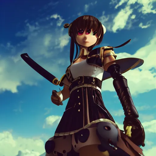 Image similar to smug anime girl with steampunk armor slicing in half a training dummy with a steampunk sword, extremely detailed, cinematic lighting, low angle, particles, clouds, trees,