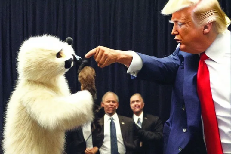 Image similar to “Barack Obama and Donald Trump fighting in fur suits at a furry convention, ultra realistic, highly detailed, award winning photo, ambient lighting”