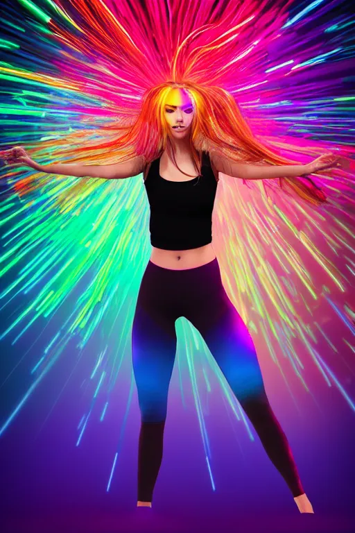 Image similar to a award winning half body portrait of a beautiful woman with stunning eyes in a croptop and leggings with reinbow colored ombre hairstyle head in motion and hair flying while dancing by thomas danthony, surrounded by whirling illuminated lines, outrun, vaporware, shaded flat illustration, digital art, trending on artstation, highly detailed, fine detail, intricate