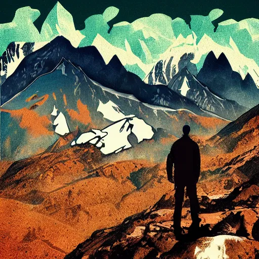 Image similar to man standing up in the mountains, album cover design illustration digital art