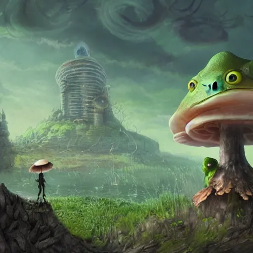 Image similar to A scary godlike fairy killing a frog. award winning. superb resolution. in the art style of junji Ito and greg rutkowski . Detailed Mushroom city in background. Hyper realistic anime. Perfect art. Dalle2