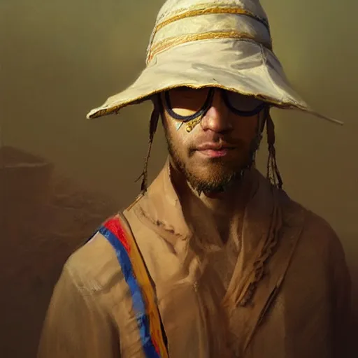 Image similar to portrait of a blindfolded man wearing a multicolored tunic and a large sun hat, detailed face, highly detailed, cinematic lighting, digital art painting by greg rutkowski
