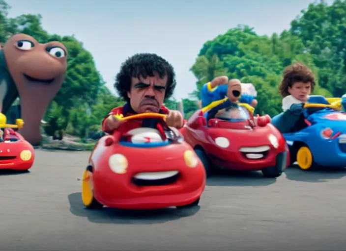 Image similar to peter dinklage racing gary coleman driving a little tikes cars, movie still, from the new fast and furious movie, 8 k, realistic