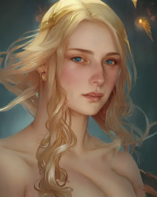 Image similar to '' Portrait of Beautiful blonde Slavic woman in her early 30’s, league of legends, LOL, fantasy, d&d, digital painting, artstation, concept art, sharp focus, illustration, art by greg rutkowski and alphonse mucha ''