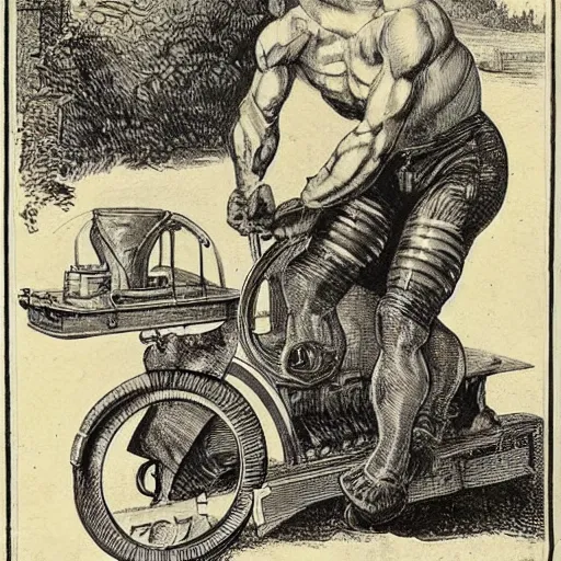 Image similar to a muscular bald man carrying engines on his back, technical diagram, diesel engine, gasoline engine, combustion engine