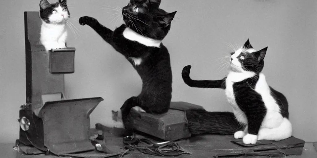 Image similar to an old black and white vintage film photo from 1890, a Tec support cat, funny, silly,