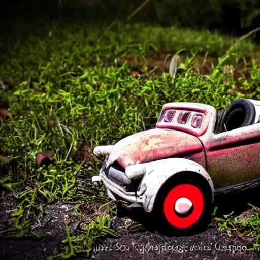 Prompt: an old little tykes toy car, abandoned on the side of the road. weeds are overgrown and the eyes on the car look slightly angry. the wheels seem to be turning into hands. black and white photo. surrealism.