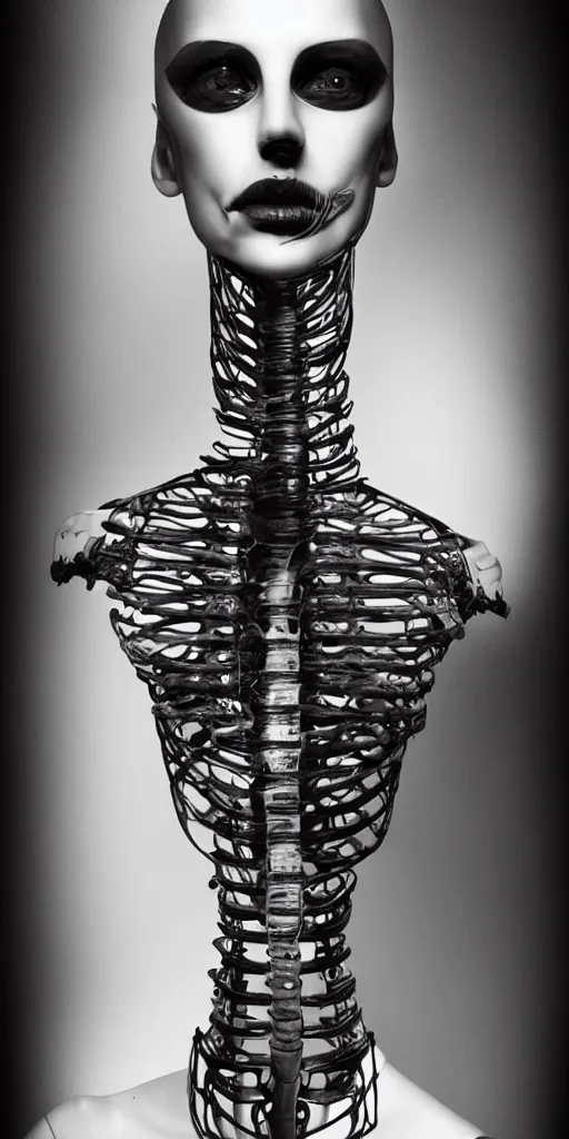 Image similar to black and white dreamy foggy smoky profile face portrait, single skeletal biomechanical beautiful young female cyclops - cyborg - robot bust, body ribs meshes,, volumetric light, rim light, by dora maar and cecile beaton, big gothic fashion pearl embroidered collar, 8 k