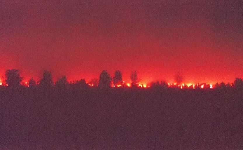 Prompt: burning field, dark, night, red light in the sky, smoke, 1998 photo