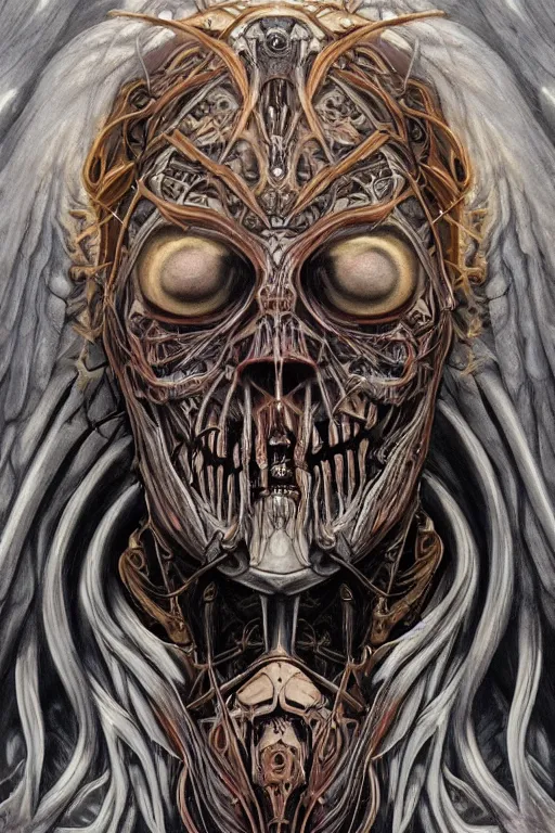 Image similar to Elden Ring and Doom themed painting of majestic chromatic biomechanical anatomical undead warrior hybrid beautiful ethereal angel symmetrical neutral mask closeup face tattoo pattern golden ratio concept, Neo-Gothic concept, infinity glyph waves, intricate artwork masterpiece, very coherent artwork, cinematic, full frontal facial features by Artgerm, art by H.R. Giger, Joseph Michael Linsner, Zdizslaw Beksinski, Johnatan Wayshak, Moebius, Ayami Kojima, very anatomically coherent artwork, trending on cgsociety, ultra high quality model, production quality cinema model, high detail chromatic ink outline, octane render, unreal engine 8k, hyper realism, high detail, octane render, unreal engine, 8k, High contrast