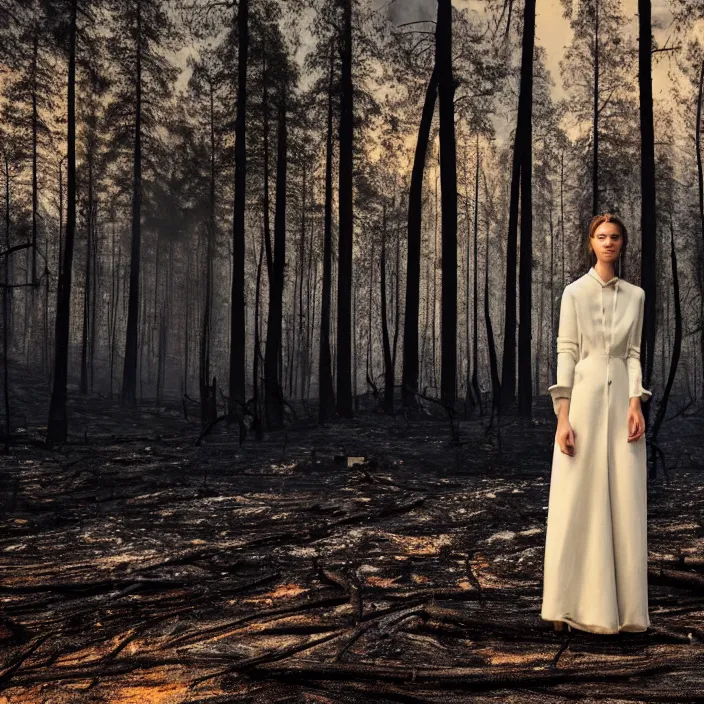 Image similar to a woman with a white standing in a burnt charred forest, golden hour, vogue magazine