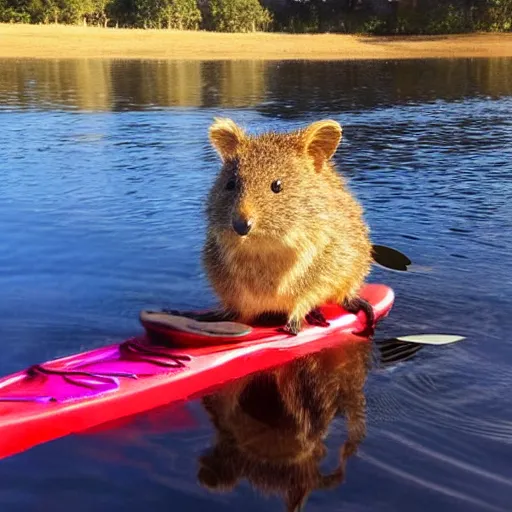 Prompt: a quokka paddling a kayak on a lake