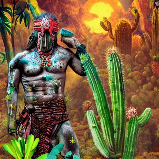 Image similar to spartan in jungle surrounded by cacti, shaman offering peyote, camp fire, full moon with stars, psychedelic surrealism in hyper realistic photo