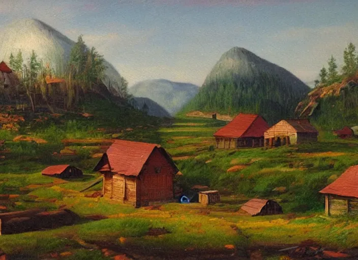 Image similar to the small wooden villages of siberia, russia in the style of hudson river school of art, oil on canvas