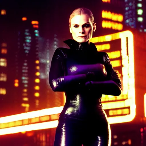 Prompt: anna paquin starring in a cyberpunk movie in a distopic futuristic city in the style of bladerunner, wearing a black catsuit, holding a gun, movie still, highly detailed, rainy night, volumetric lights, studio lighting, dramatic, scifi, sharp focus, ground mist