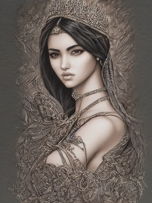 Image similar to An Iranian princess, by artgerm, beautiful, mixed media on toned paper, 2021, very detailed, coffee art