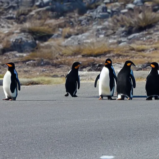 Image similar to penguins in cowboy hats walking across the road