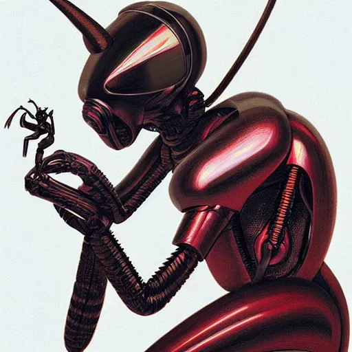 Image similar to self portrait of a humanoid ant with a helmet with pincers. Red and black body armor, digital art, realistic, ultradetailed, concept art in the style of Science Fiction. art by Syd Mead and Moebius, trending on artstation, devianart, cgsociety