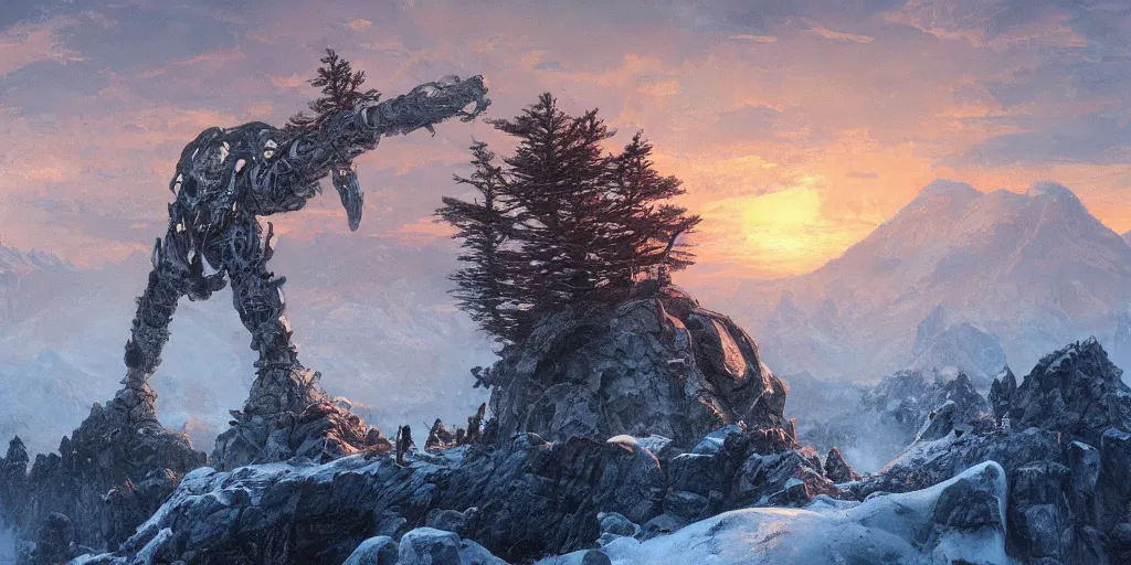 Prompt: collapsed steel titan colossus laying on rift edge, sunset, ocean and snow mountains afar, single pine, fine art, artstation, matte painting, masterpiece by vasnetsov