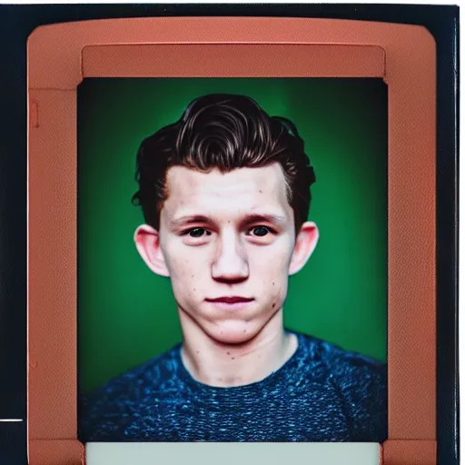 Image similar to grainy color polaroid of Tom Holland, dreamlike, intricate detail, sigma 85mm f/1.4, 4k
