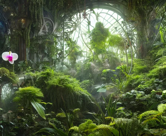 Image similar to transparent clear see - through picture of bacteria, lush botany, orchids, ferns, garden environment, ultra realistic, concept art, art nouveau, photorealistic, octane render, 8 k, unreal engine. art by gustave dore and nori inoguchi and sam kaplan and zachary goulko and christopher marley and artgerm and alphonse mucha