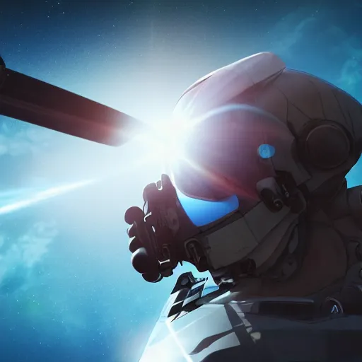 Prompt: front-facing portrait of a mecha astronaut on a distant planet with a broken air ship, cinematic lighting, epic