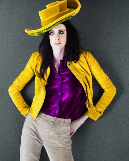 Image similar to photorealistic portrait headshot photos of kristen ritter wearing a yellow leather jacket, green corduroy pants, a red silk blouse, and purple velvet top hat on her head, photoshoot in the style of annie leibovitz, photorealistic, bokeh