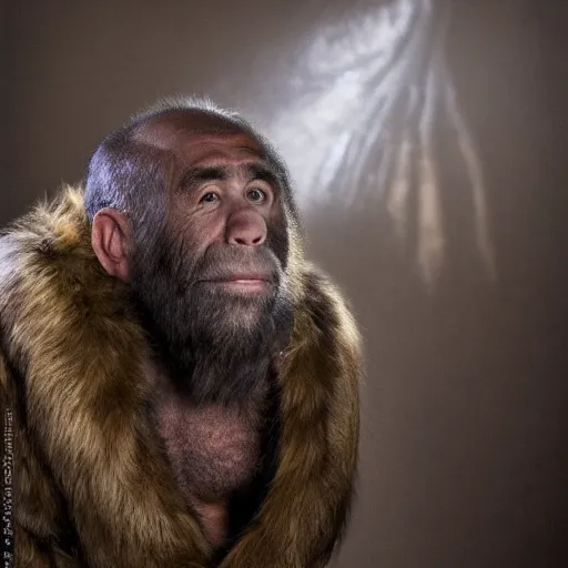 Image similar to Photo portrait Joe Rogan as a wax neanderthal cave man exaggerated brow wrapped in fur cloak screaming like a ape in the natural history museum background dramatic lighting 85mm lens by Steve McCurry