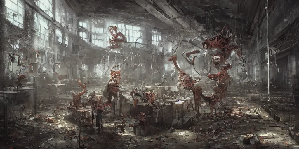 Image similar to Inside of an abandoned toy factory with running furry human-sized scary toys, dramatic, interior, artstation, horror game, digital art made by Stanley Artgerm Lau, WLOP, Rossdraws, James Jean, Andrei Riabovitchev, Marc Simonetti, Yoshitaka Amano, ArtStation, CGSociety