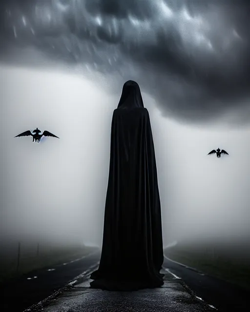 Image similar to center frame gigantic black silk gown skeletal angel of death visiting the Village, walking on the road in housing area, megalophobia, horror, fog, foster, highly detailed, one house, fear, dark inside, dark mammatus cloud,hyper realistic, atmospheric lighting, beksinski, 4k canon 5d mk4,